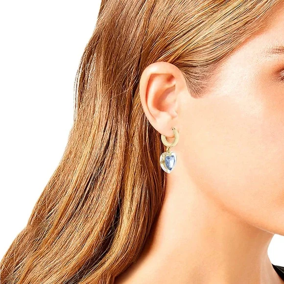 Betsey Johnson Gold Tone Crystal Heart Huggie Hoop Earrings - Picture 9 of 11